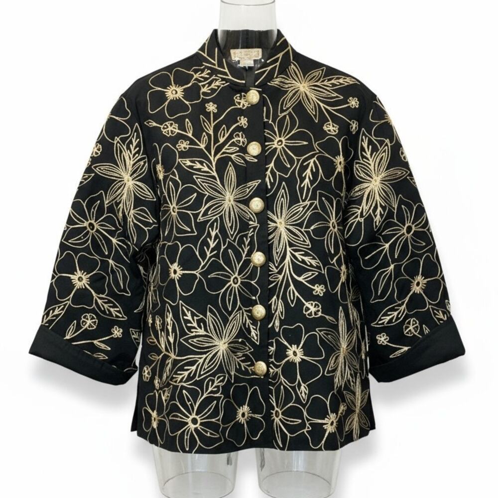 VTG NWOT Life Style Plus Floral Embroidered Amber Beaded Cotton Button Up Top 2X